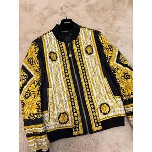 Gianni Versace Barocco Black White Yellow Quilted Bomber Jacket Size 48